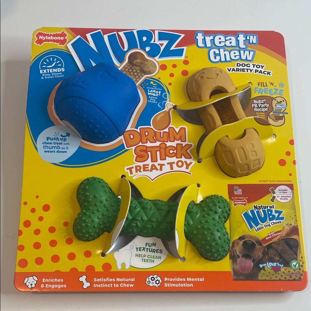 Nubz Drum Stick Treat Toy - Blue, Green, Brown